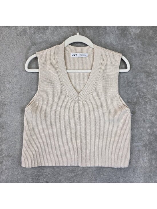 Zara Sweaters - Zara Sweater Vest Womens S Beige Cotton Viscose V Neck Sleeveless Tight Knit